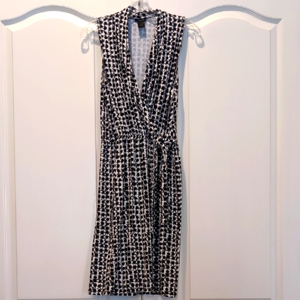 Ann Taylor Monochrome Sleeveless Midi Faux Wrap Dress